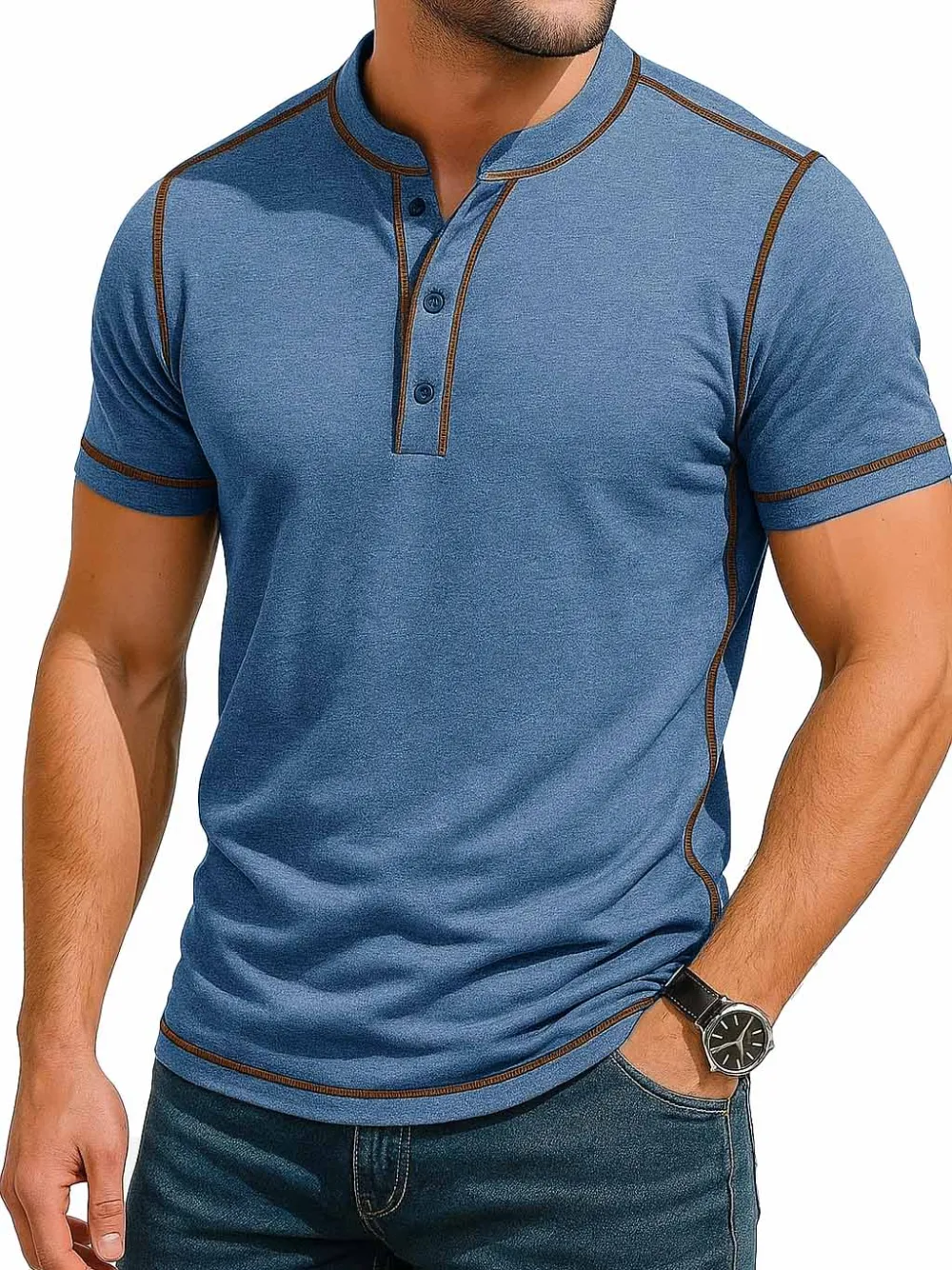Men's Fashion Retro Contrast Color Line Short Sleeve Henley Shirt 