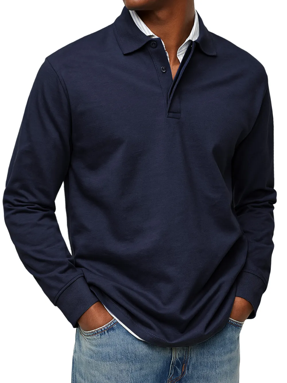 Men's Daily Double-layer Lapel Button-down Solid Color Long-sleeved Polo Shirt