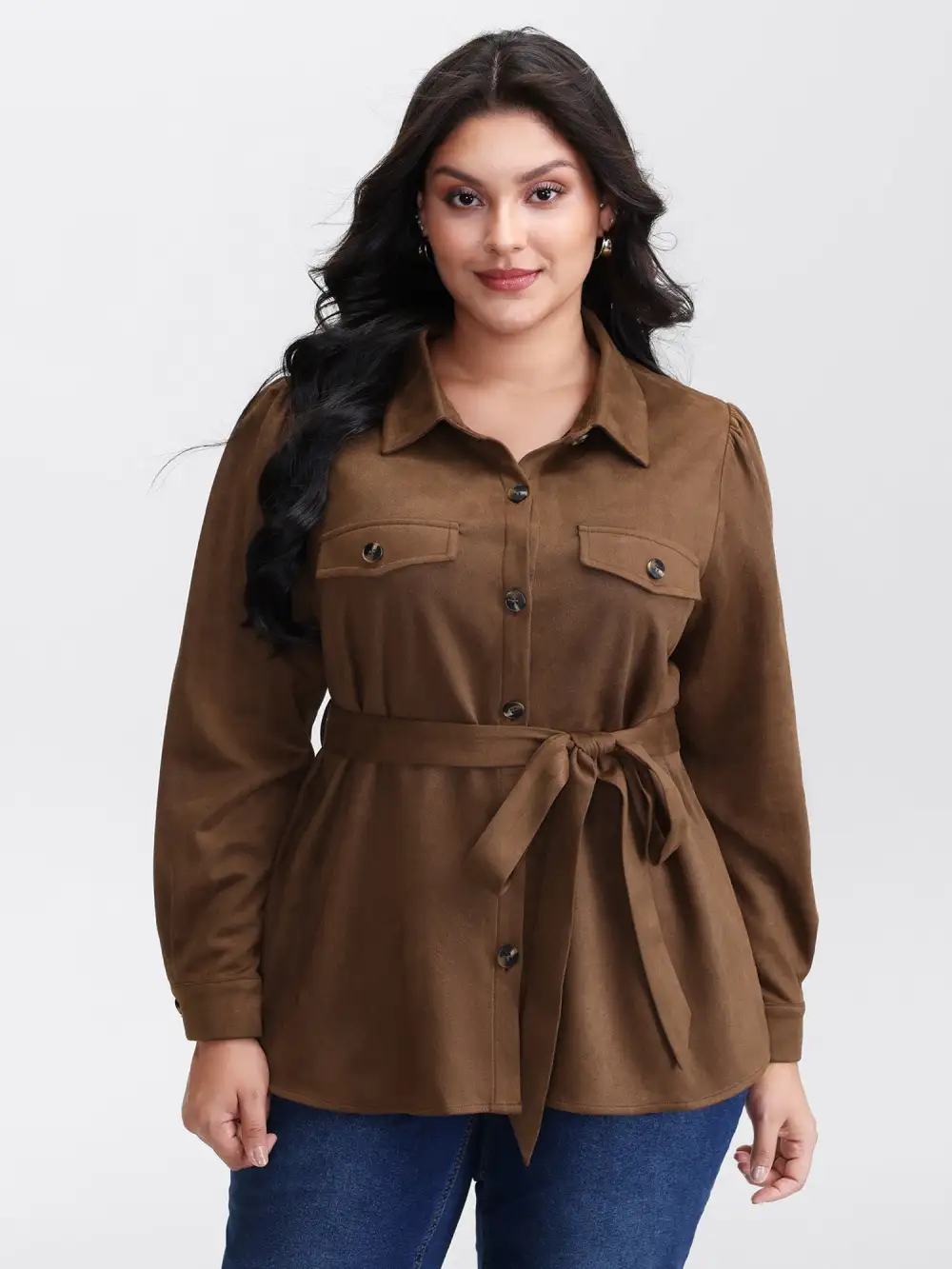 Suede Open-Front Belted Long Shirt