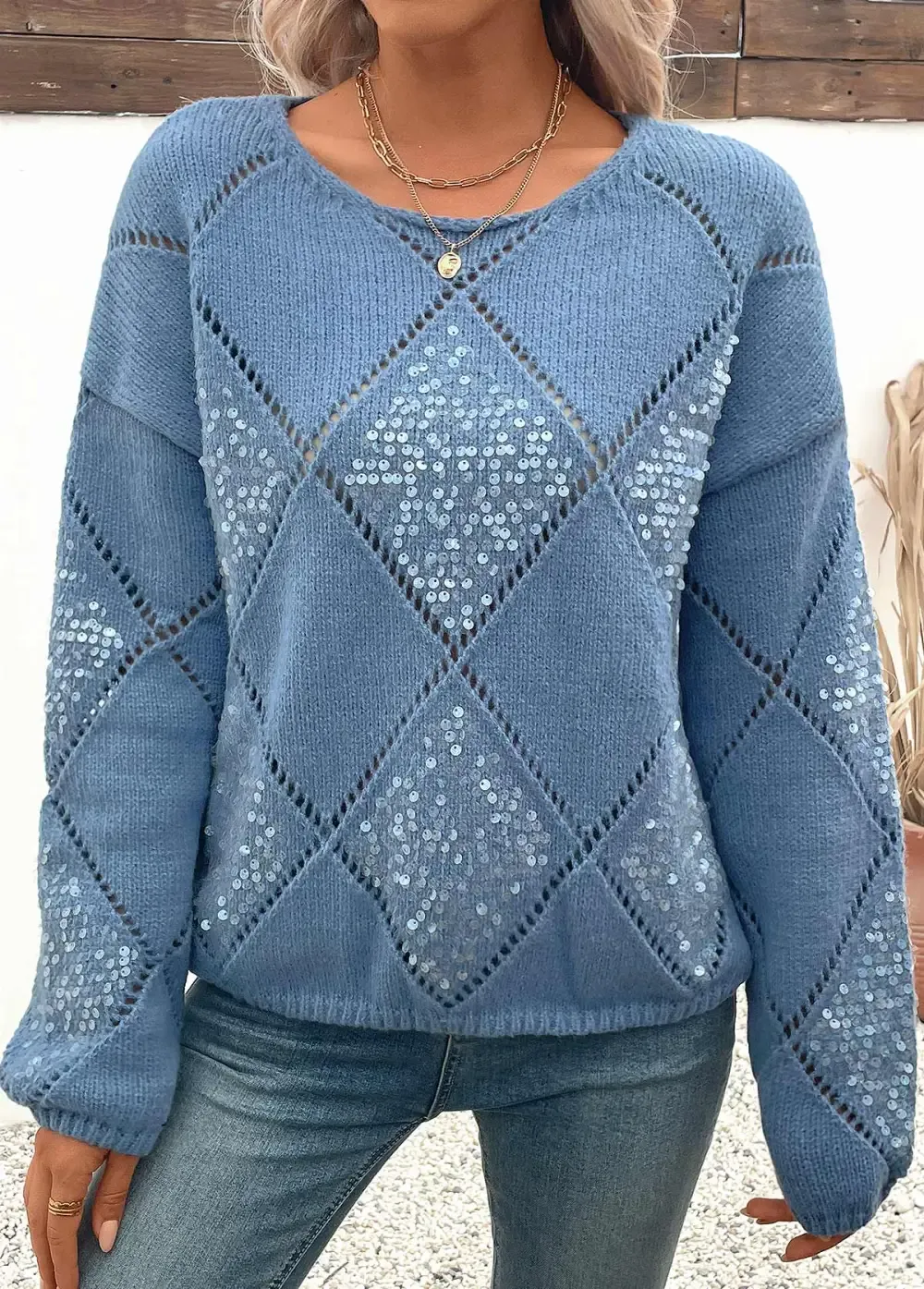 Dusty Blue Tummy Coverage Long Sleeve Round Neck Sweater