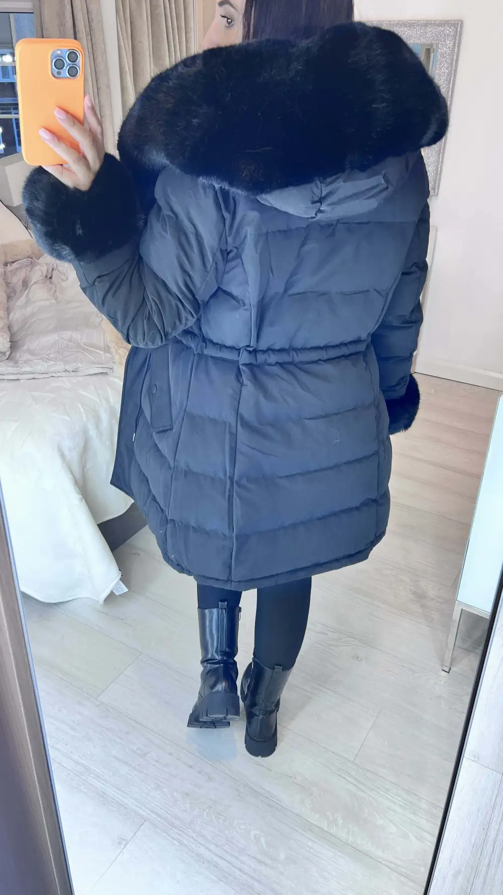 Black Luxury Faux Fur Trim Coat