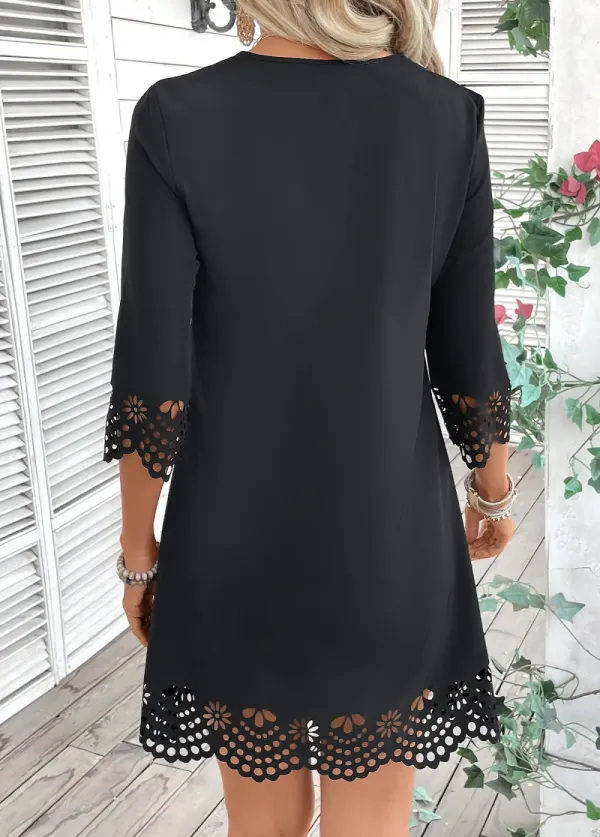 Black A Line 3/4 Sleeve V Neck Dress