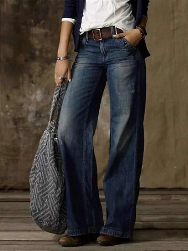 Women‘s Low Rise Jeans Pants Trousers Distressed Full Length Denim Pocket Micro-elastic Mid Waist Fashion Streetwear Street Daily Black Navy Blue S M Summer Fall