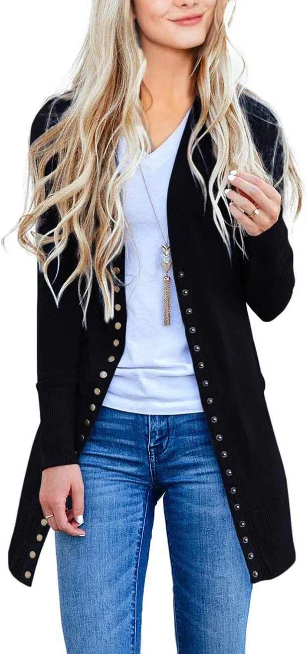 Women's 2024 Fall Long Sleeve Snap Button Down Solid Color Knit Ribbed Neckline Cardigans
