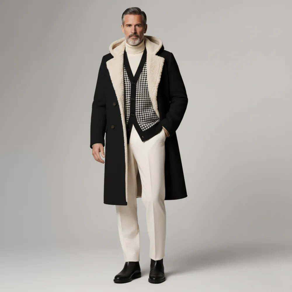 Men's Black Double Breasted Long Sleeve Shearling-Lined Hooded Coat