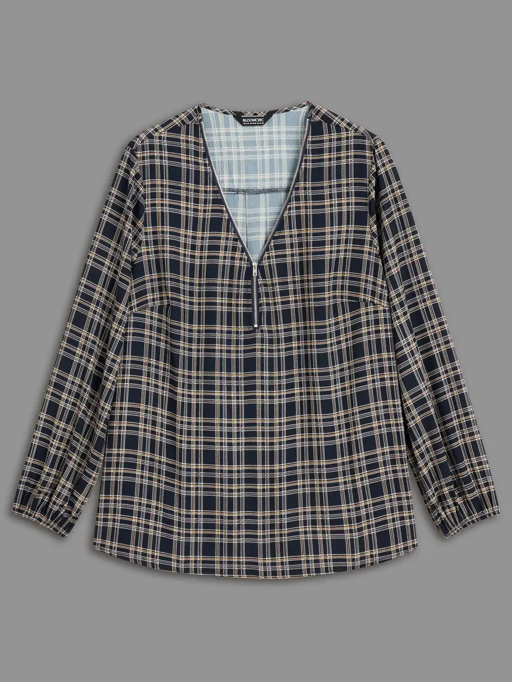 Plaid Zipper Front Lantern Sleeve Blouse