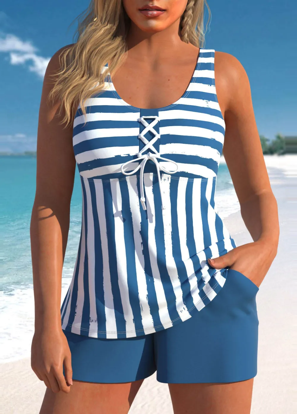 Lace Up Multi Stripe Print Pink Tankini Set