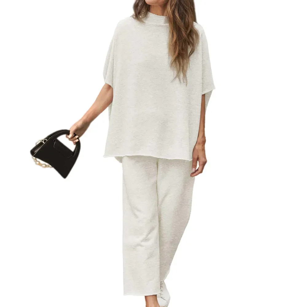 ✨Women's 2 Piece Outfits 3/4 Batwing Sleeve Pullover Top Wide Leg Pants Lounge Set