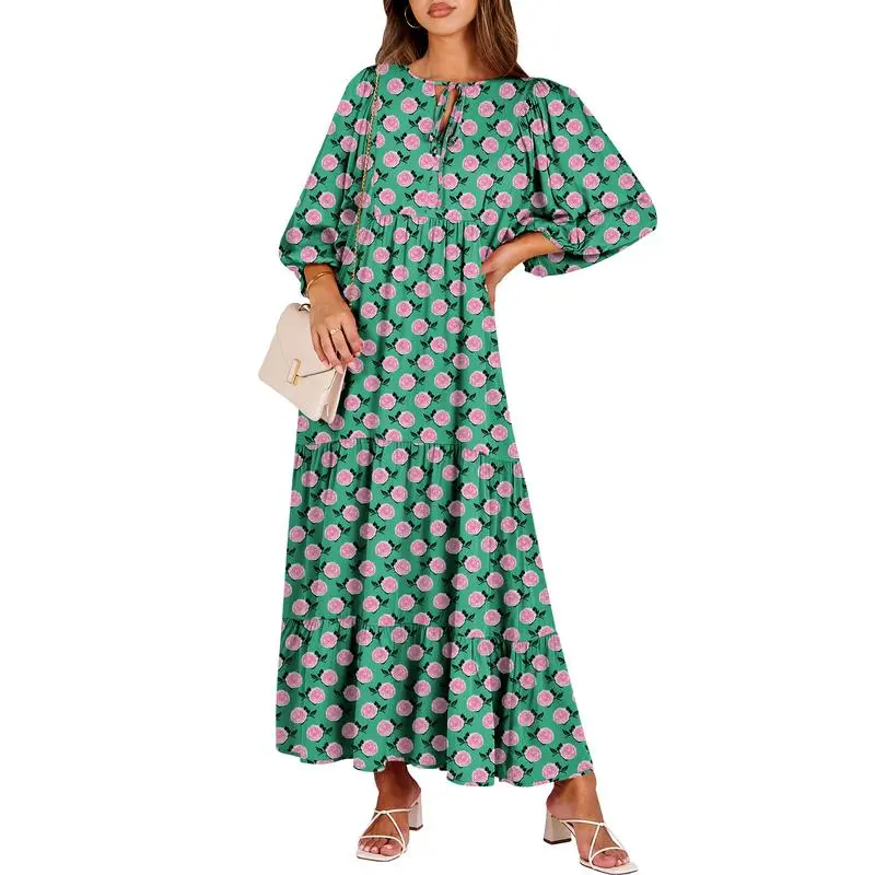 Boho Summer Maxi Dress for Women – Floral Puff Sleeve Vacation Sundress