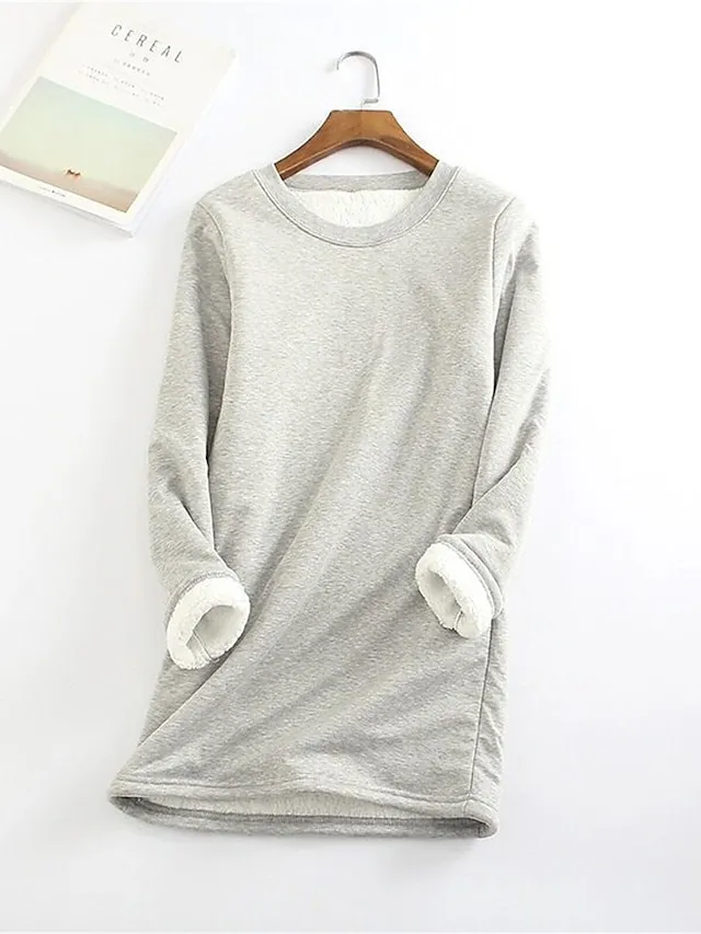 Women's Fleece Lounge Top Pure Color Warm Fashion Casual Home Street Daily Cotton Warm Crew Neck Long Sleeve Pullover Winter Denim Blue Melon red