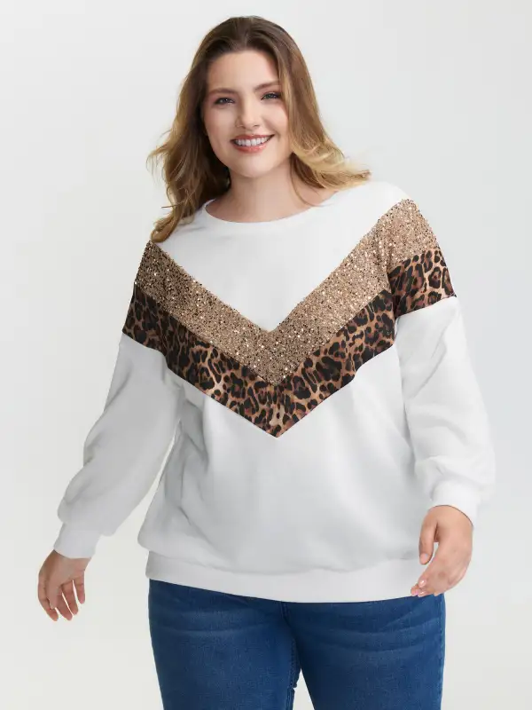 Leopard Print Sequin Contrast Sweatshirt
