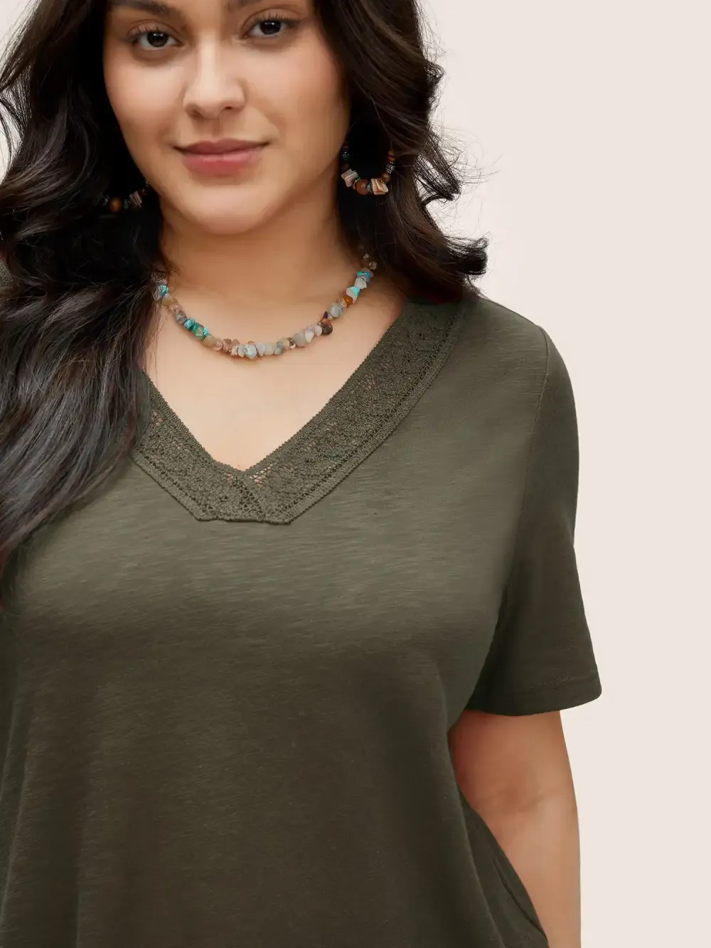 Plain V Neck Lace Panel T-Shirt