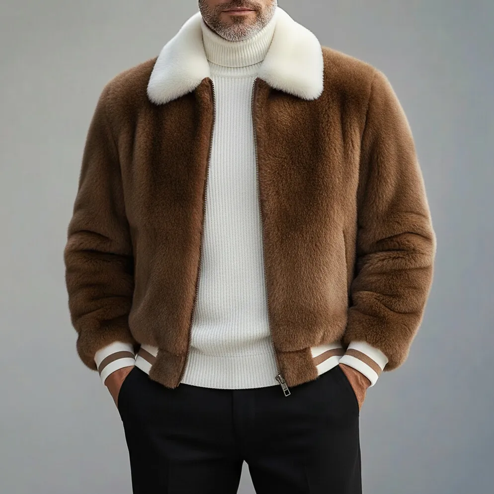 Men's Brown Contrast Striped Turndown Collar Long Sleeve Zipper Plush Jacket