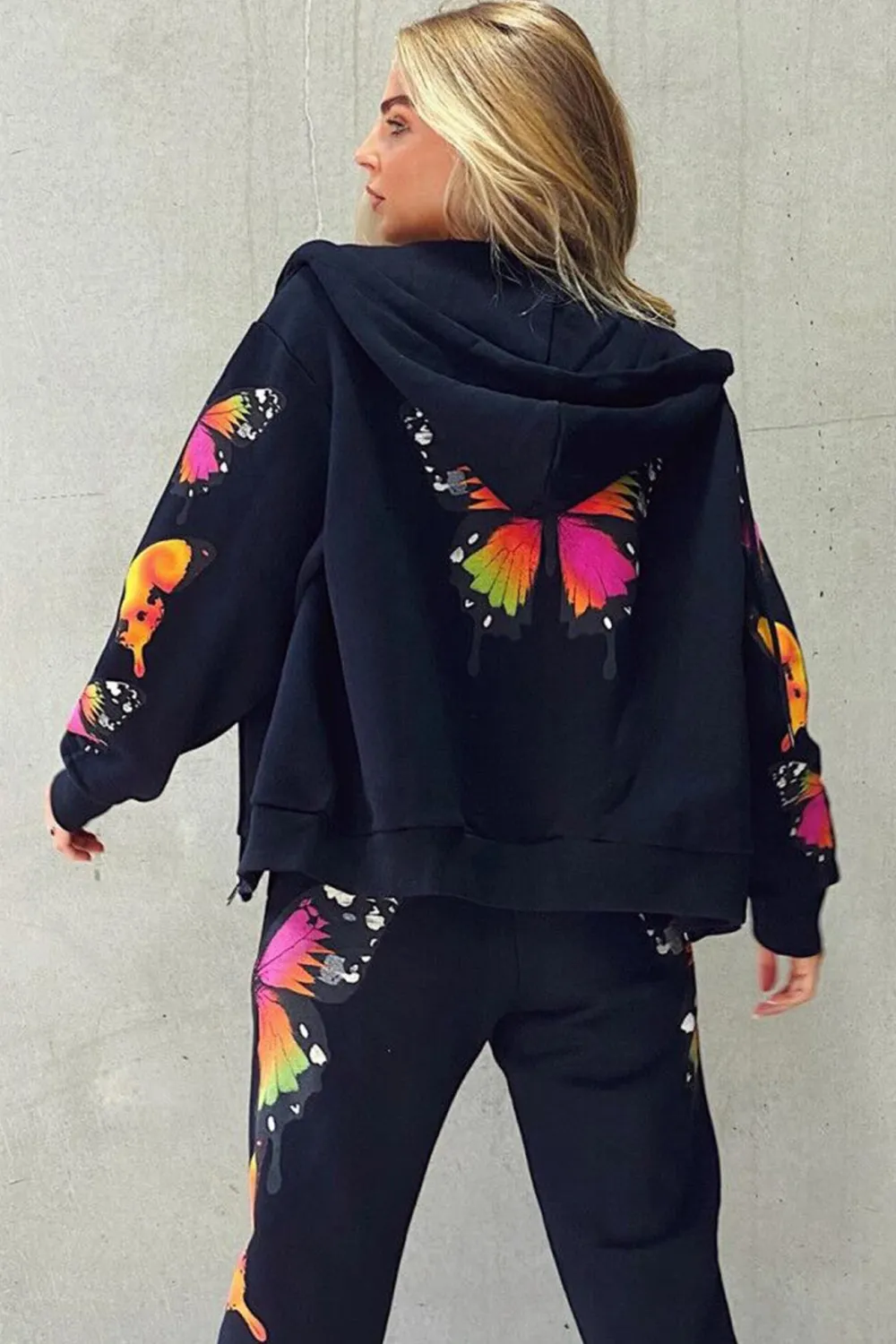 Butterfly Print Hoodie Long Pants Two Piece Outfits