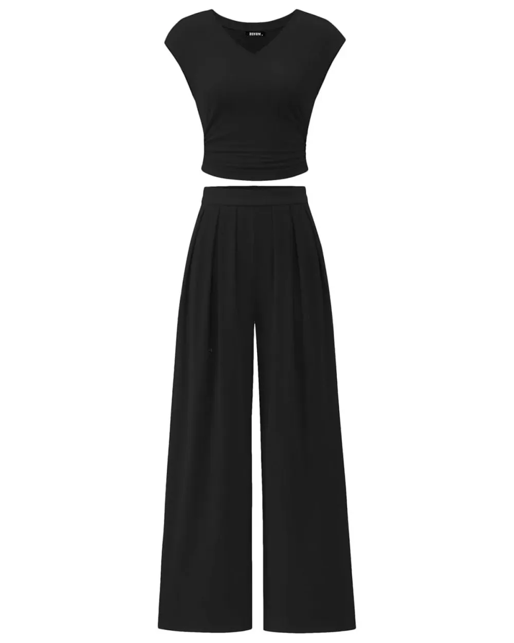 ✨Women's casual ribbed knit suit V-neck short sleeve with wide-leg pants