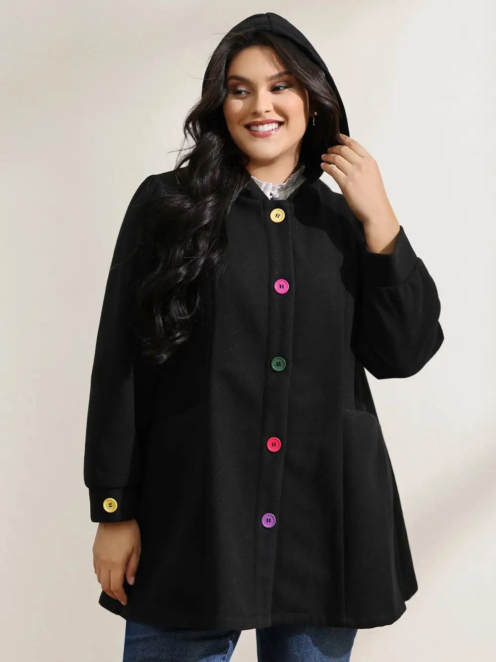 Colorful Buttons Hooded Pocket Coat