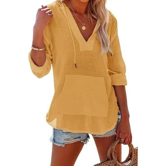 Women's Beach Cover Up Hoodie – Long Sleeve V-Neck Top with Pocket