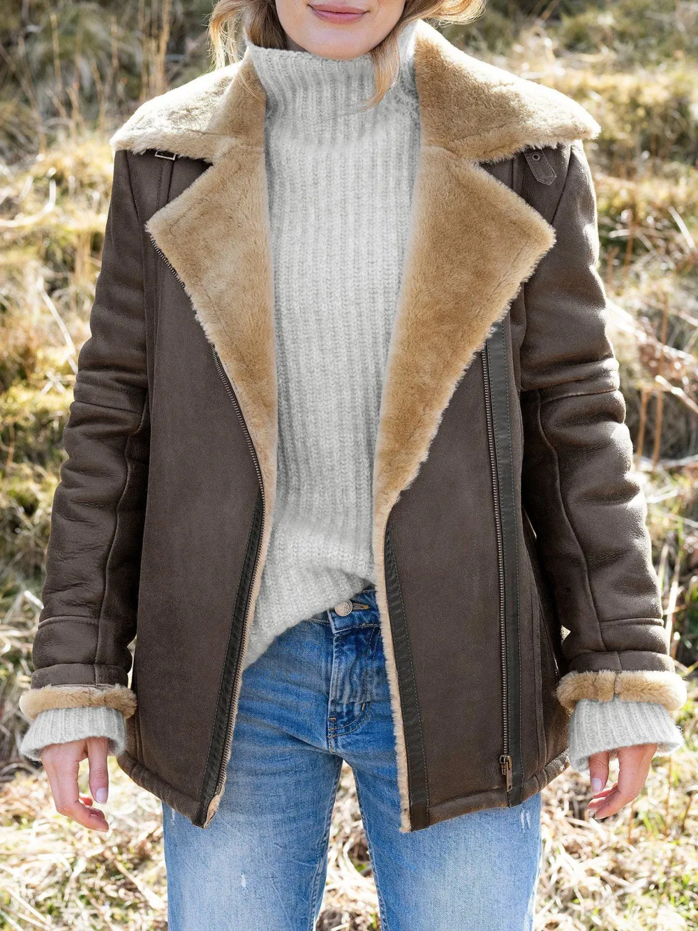 Boyfriend Aviator Sheepskin Jacket, Antique/Camel
