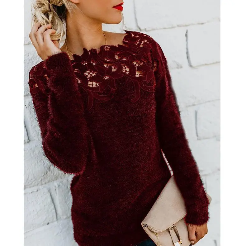 Solid Lace Splice Long Sleeve Plush Sweater