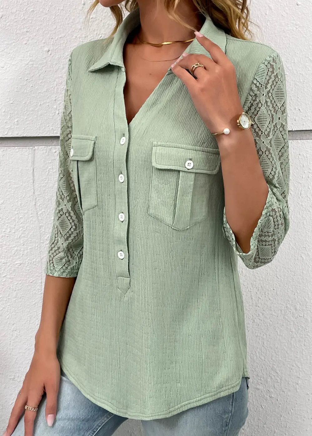 Sage Green Patchwork Three Quarter Length Sleeve Blouse