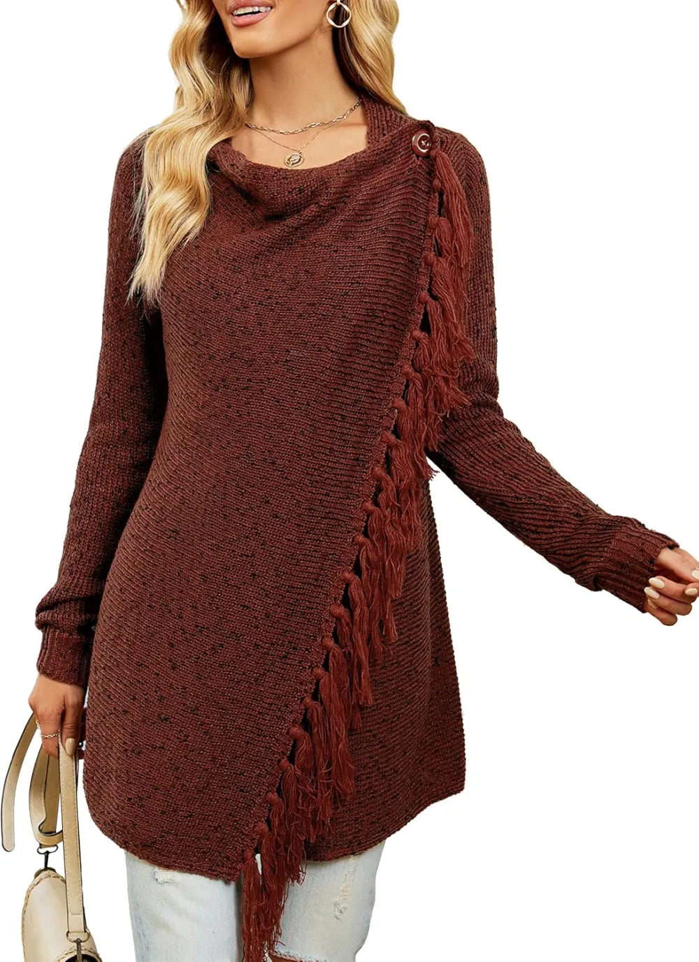 Women's Tassel Hem Sweater Long Cardigan Knitwer Pullover Poncho Coat