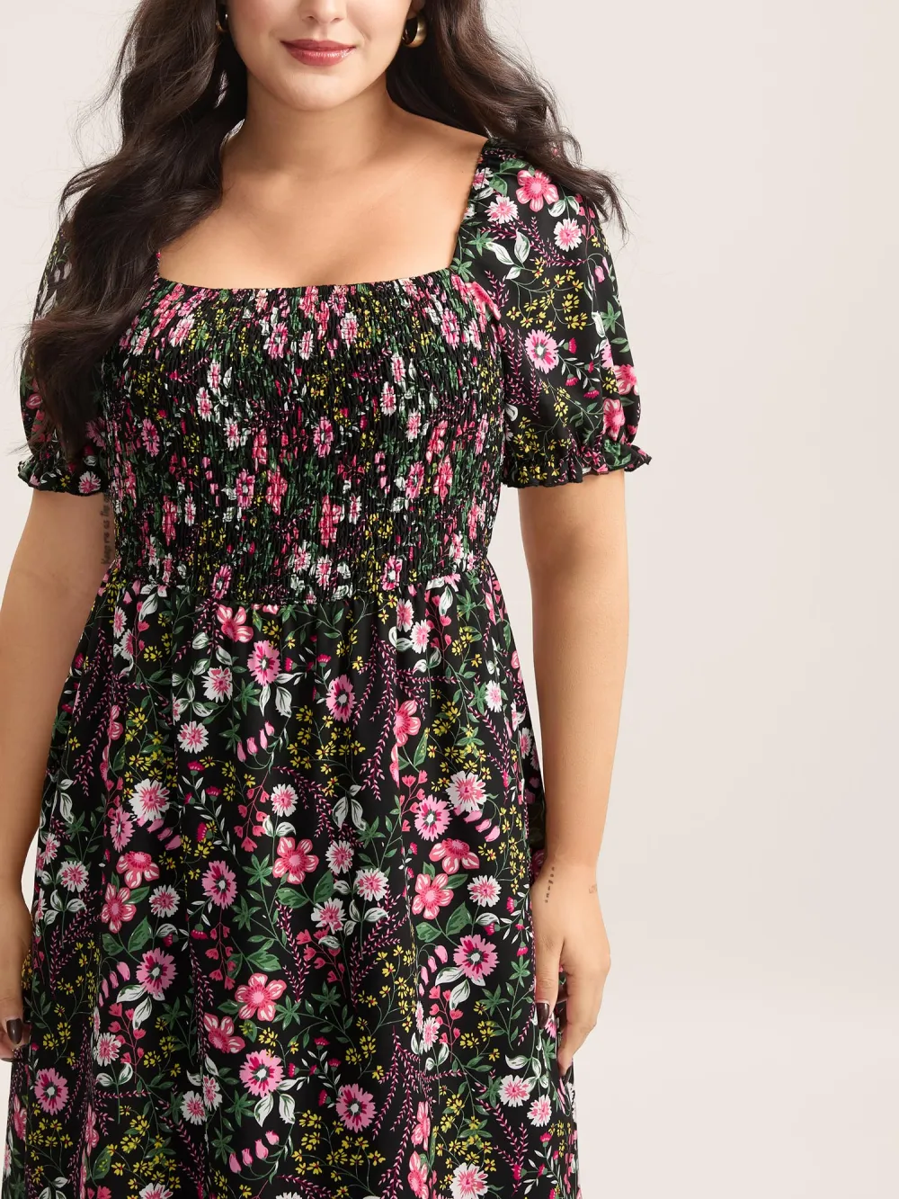 Shirred Floral Print Pockets Maxi Dress