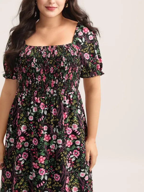 Shirred Floral Print Pockets Maxi Dress