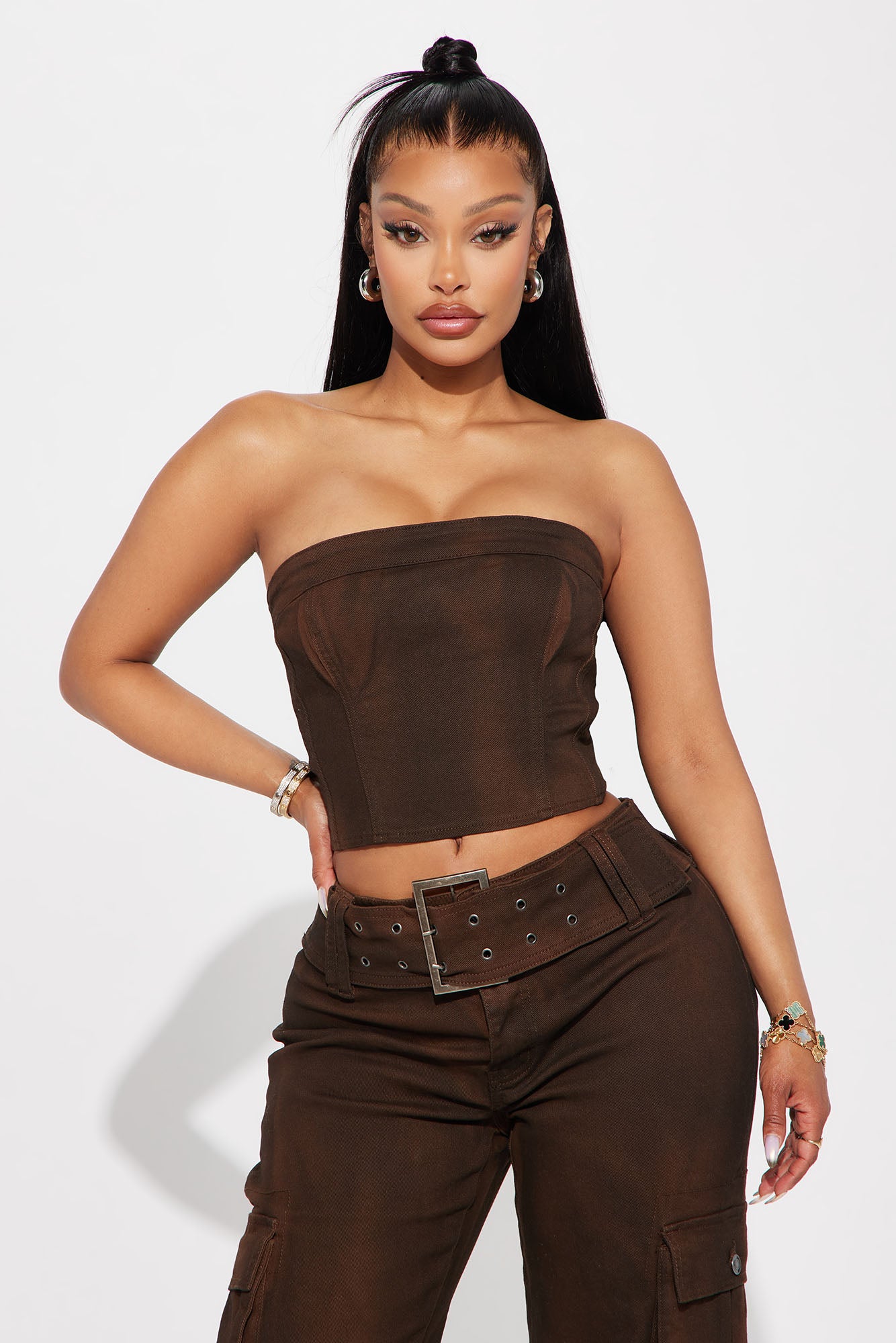 Jeanne Denim Washed Pant Set - Brown