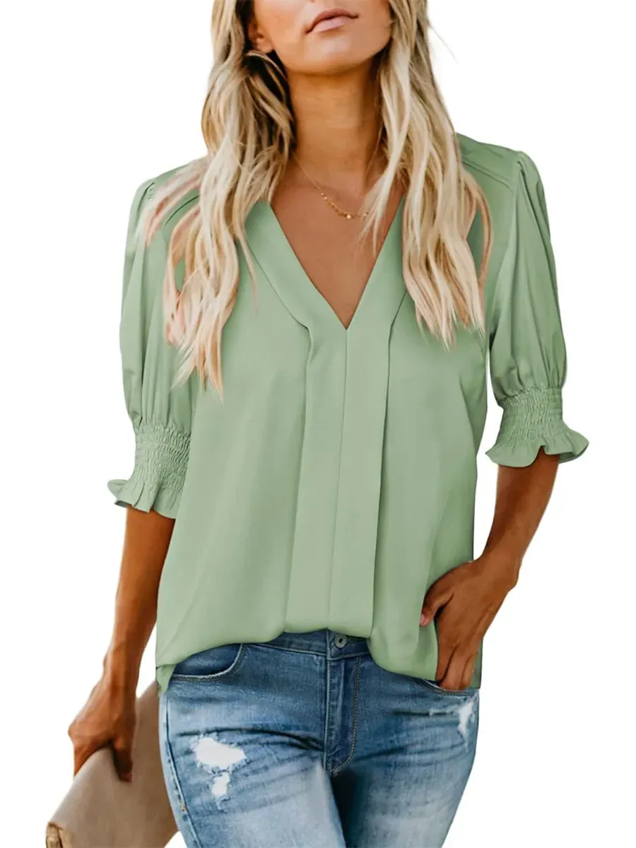 ✨Women's V Neck Dressy Puff Ruffle Blouse Casua Short Sleeve Tops