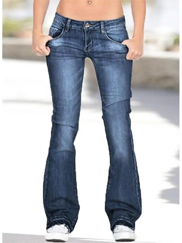 Women‘s Flare Low Rise Jeans Pants Bootcut Full Length Denim Pocket Stretchy High Waist Casual Daily  Navy Blue Light Blue S M