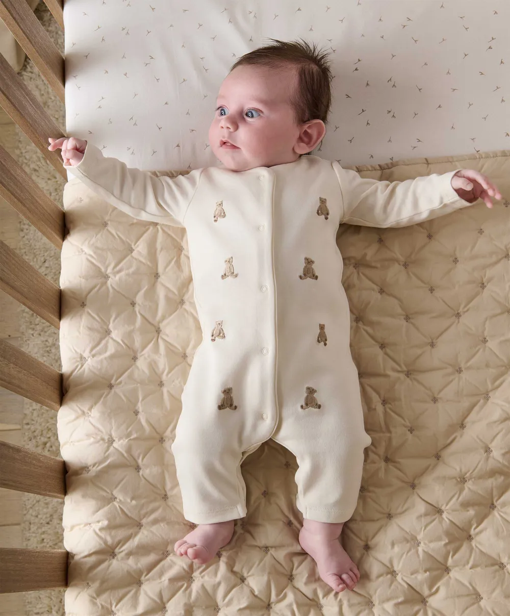 Embroidered Teddy Bear Romper - Cream