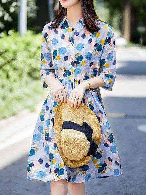 Original Polka-Dot Lapel Short Sleeves A-Line Midi Dress