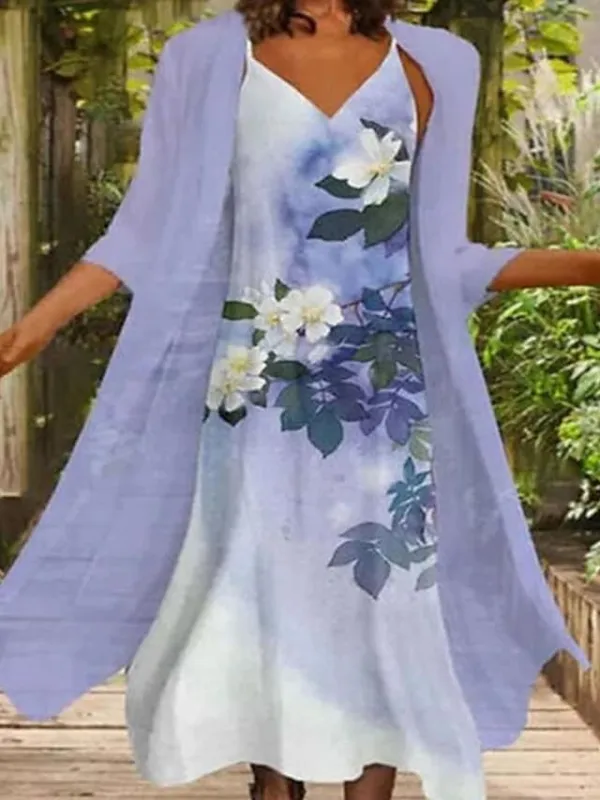 Women's Casual Dress Dress Set Two Piece Dress Long Dress Maxi Dress Blue Purple Green 3/4 Length Sleeve Floral Print Summer Spring V Neck Casual Loose Fit 2023 M L XL XXL 3XL