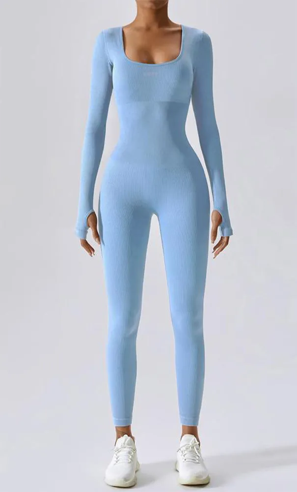 Women's Solid Ribbed Long Sleeve Sports Playsuit Tummy Control Jumpsuit, Workout Ribbed Long Sleeve Exercise Bodycon Jumpsuit