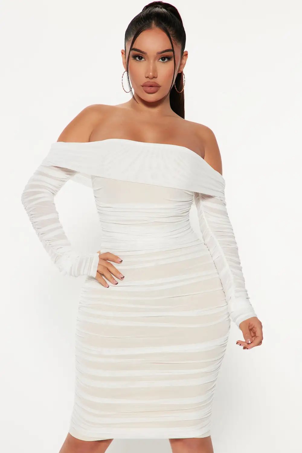 Ready In A Ruched Off Shoulder Midi Dress - White