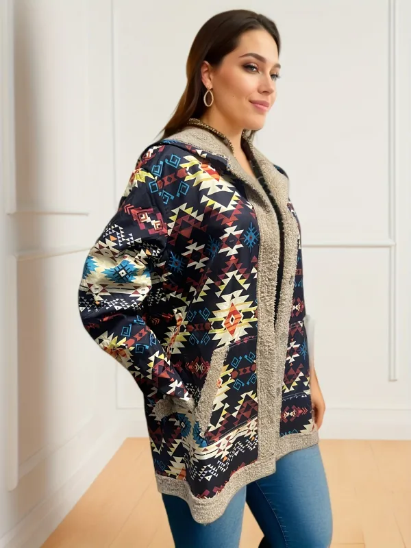 Vibrant Geo Print Hooded Jacket - Soft, Casual, Long Sleeve, Button Front, Pockets, Fall & Winter Essential - Women's Stylish Clothing for Everyday Wear