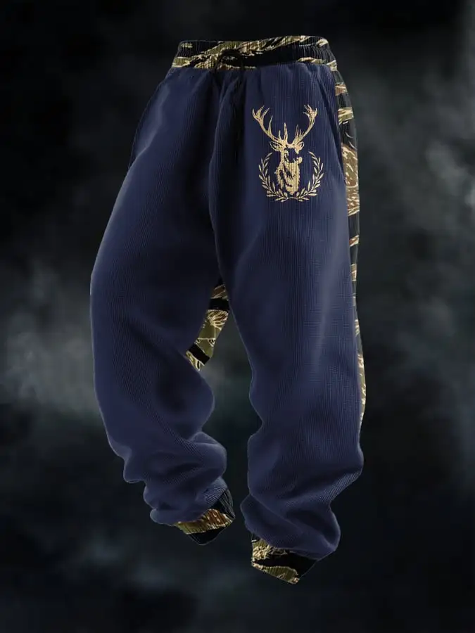 Men's Casual Waffle Camouflage Elk Pattern Sweatpants