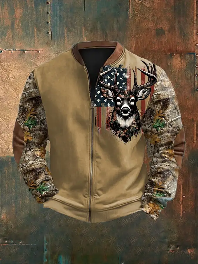 Men's Vintage Western Flag Elk Zipper Stand Collar Cardigan