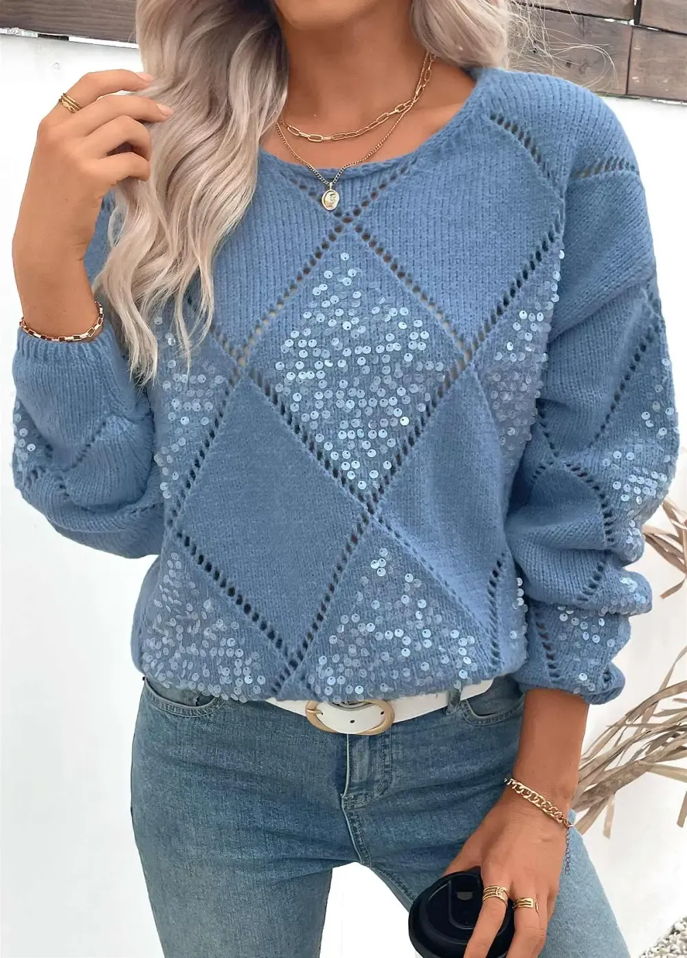 Dusty Blue Tummy Coverage Long Sleeve Round Neck Sweater