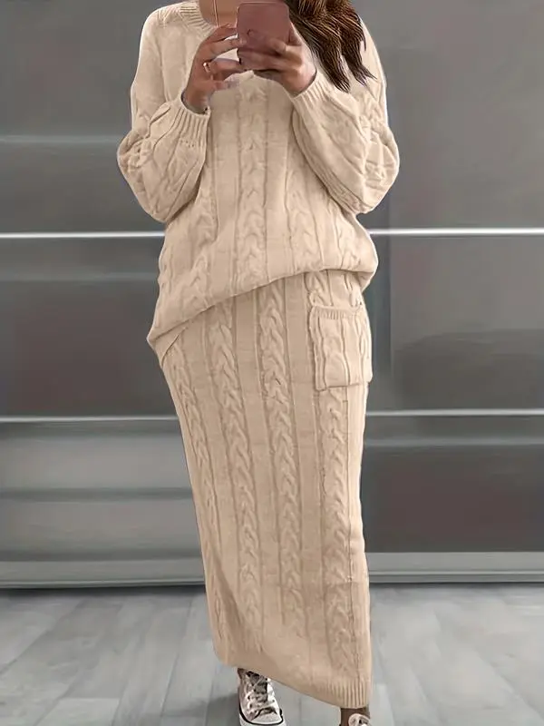 Women's Cable Knit Sweater & Pocket Skirt Set – Casual Long Sleeve Round Neck Jumper & Long Skirt for Fall