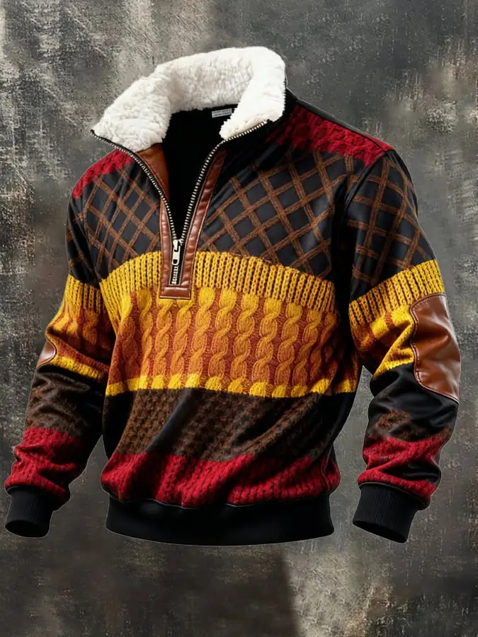 Men's Retro Color Block Print Casual Fur Collar Sweatshirt
