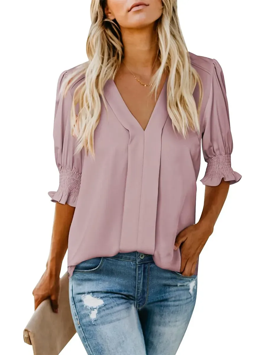 ✨Women's V Neck Dressy Puff Ruffle Blouse Casua Short Sleeve Tops