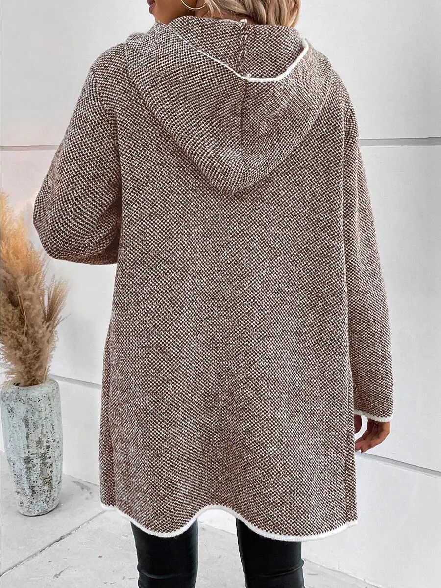 Contrast Trim Dual Pocket Hooded Duster Cardigan
