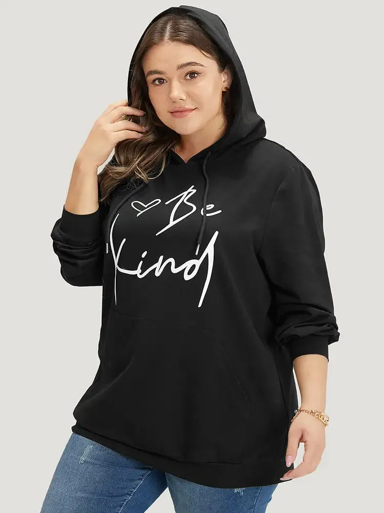 Letter Print Pocket Drawstring Hooded Sweatshirt