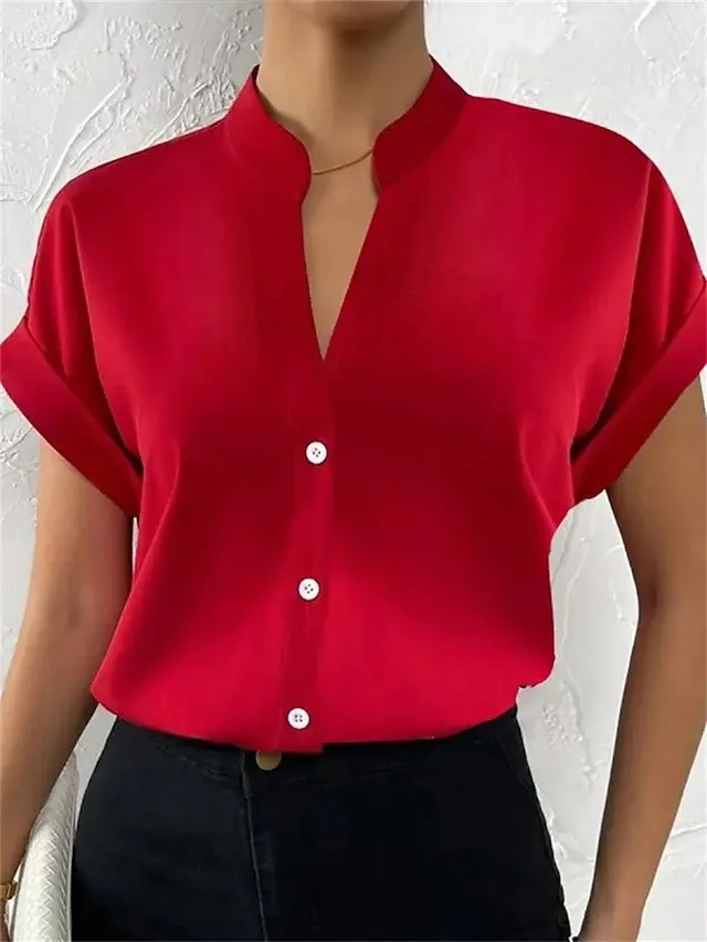 Women's Shirt Blouse Orange red Black White Plain Button Short Sleeve Work Fashion Business Elegant Standing Collar Regular Fit