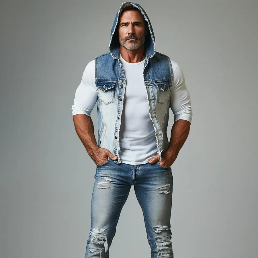 Men's Distressed Gradient Denim Single Breasted Hooded Vest