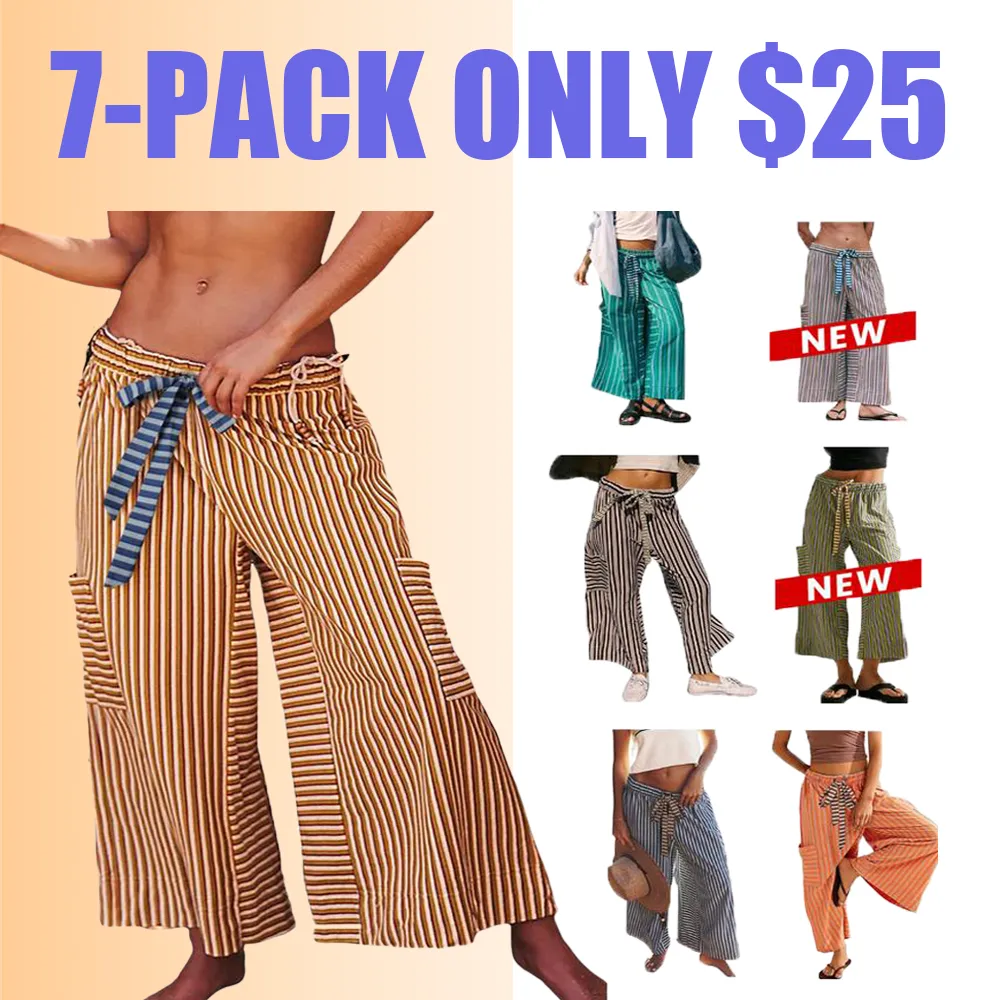 Women’s Striped Wide-Leg Pants-Drawstring, Loose Fit, Pockets