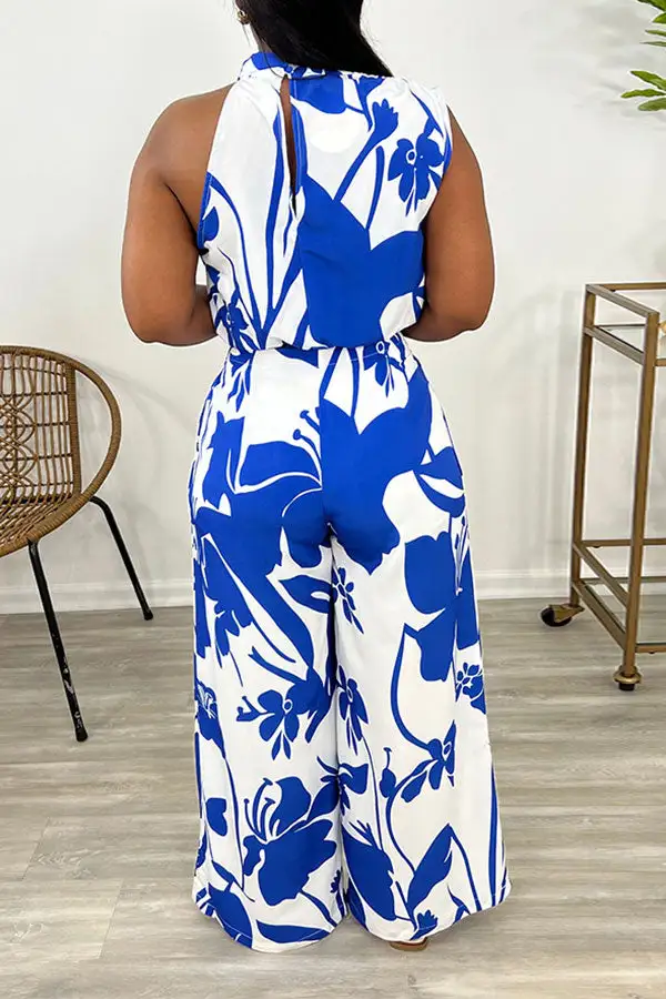 Floral Print Lace-Up Irregular Neck Pant Set