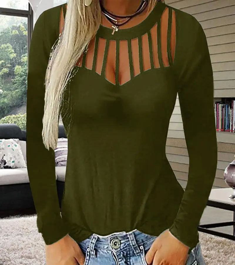 Long Sleeve Round Neck Pierced Sexy  T-Shirts