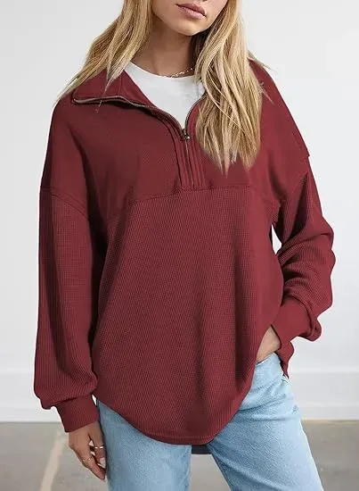 Oversized Waffle Knit Half Zip Pullover Soft Polyester Blend Long Sleeve Sweatshirt